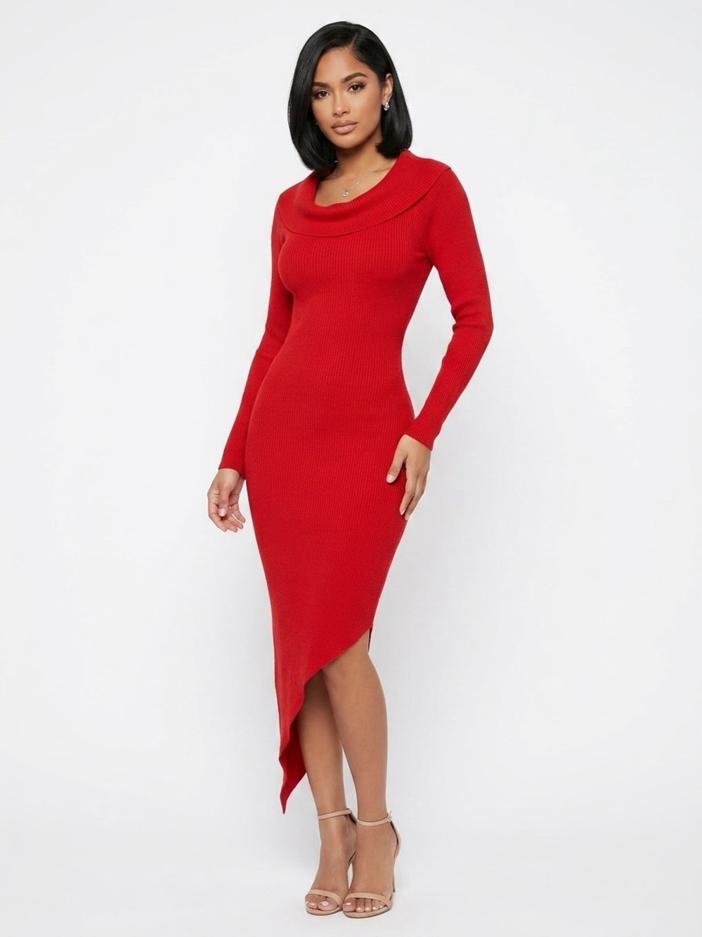 Pink Dot- Red Asymmetrical Handkerchief Knit Dress with Long Sleeves